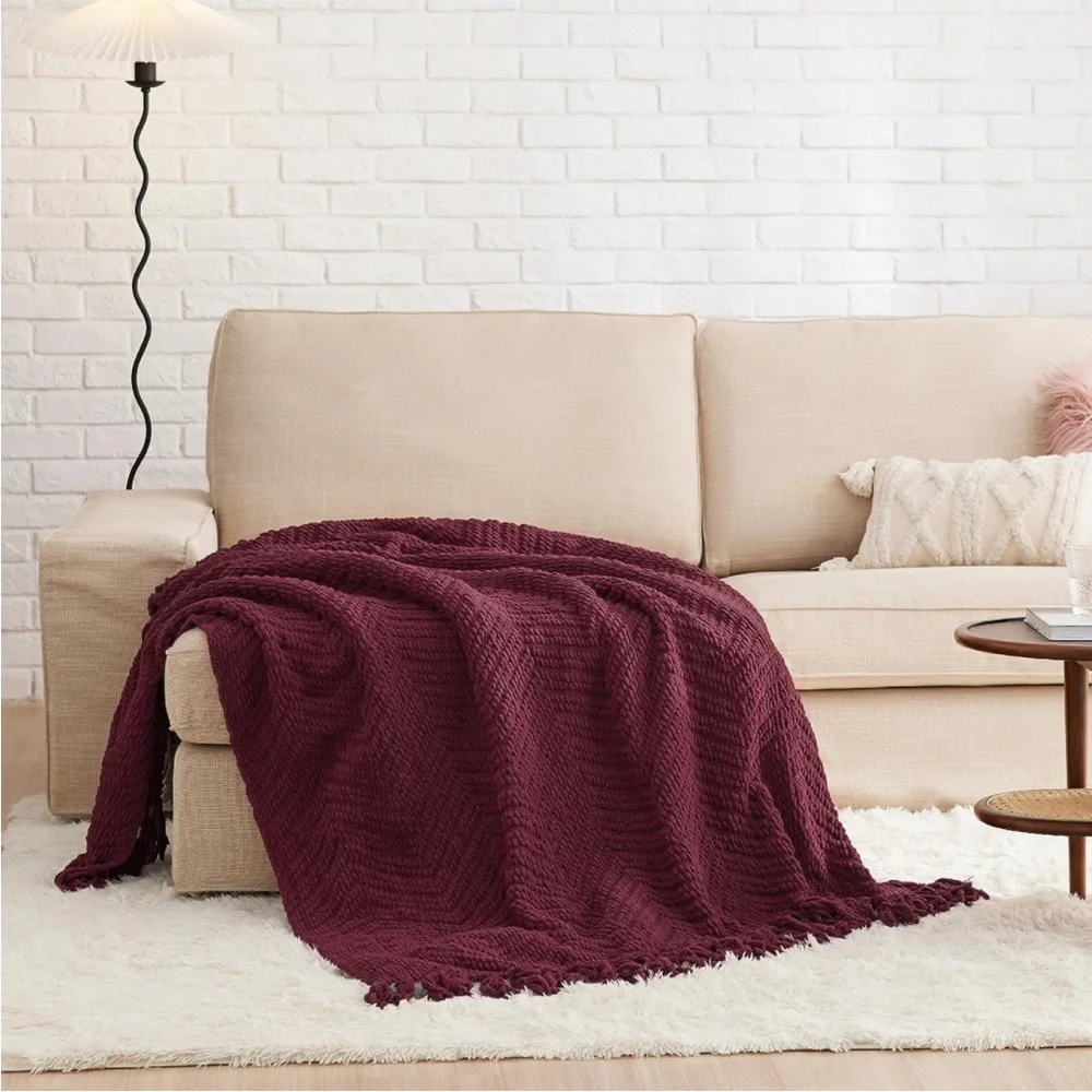 West Elm Chevron Fringe Pattern Burgundy Red Cozy Knit Blanket Fall/Winter Gift